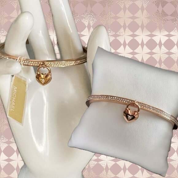 Michael Kors Logo Heart Crystal Charm Rose-Gold Stainless Steel Hinge Bracelet - Picture 1 of 7